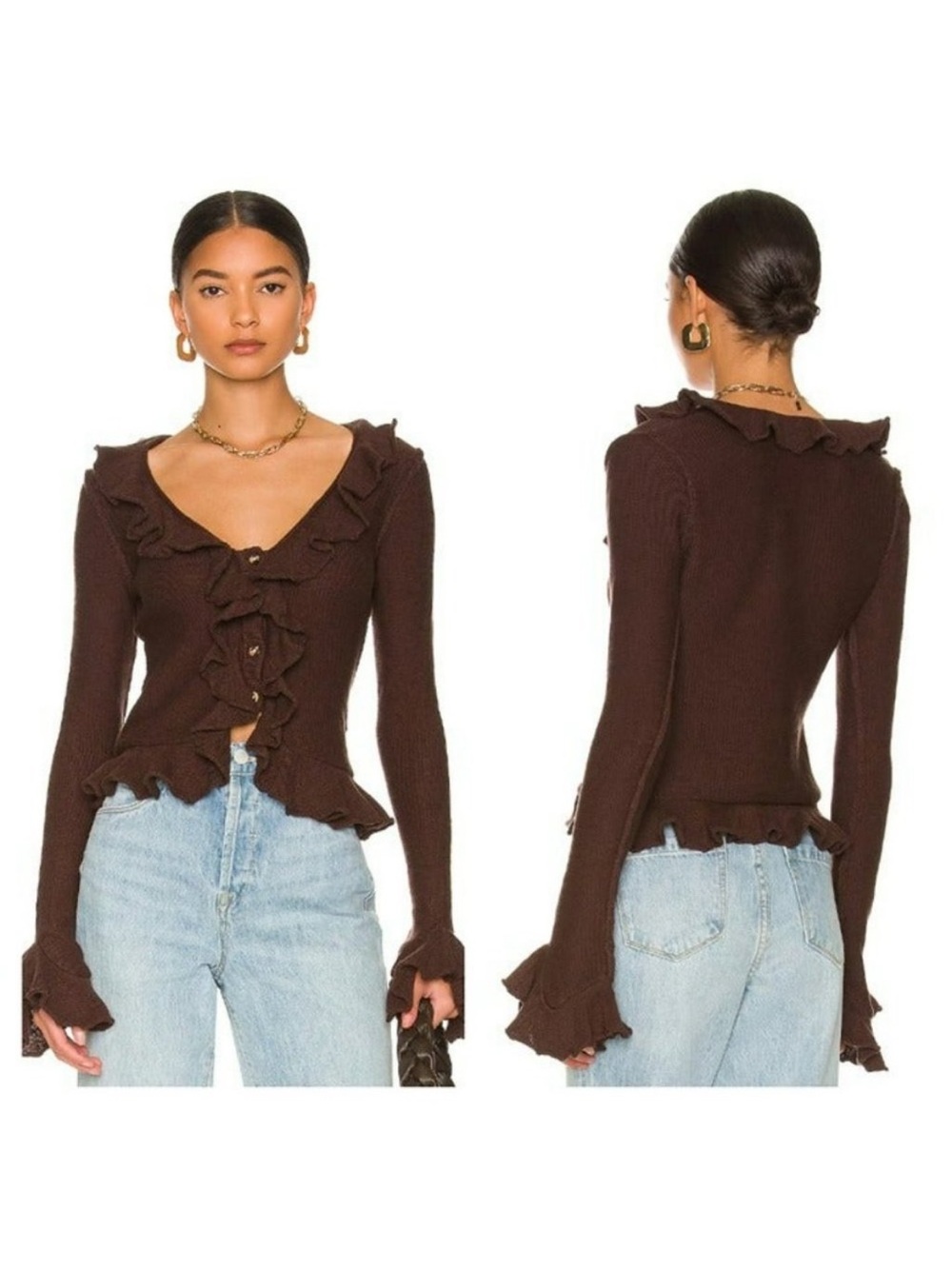 LPA Ruffled Knit Button-Front Top in Dark Brown